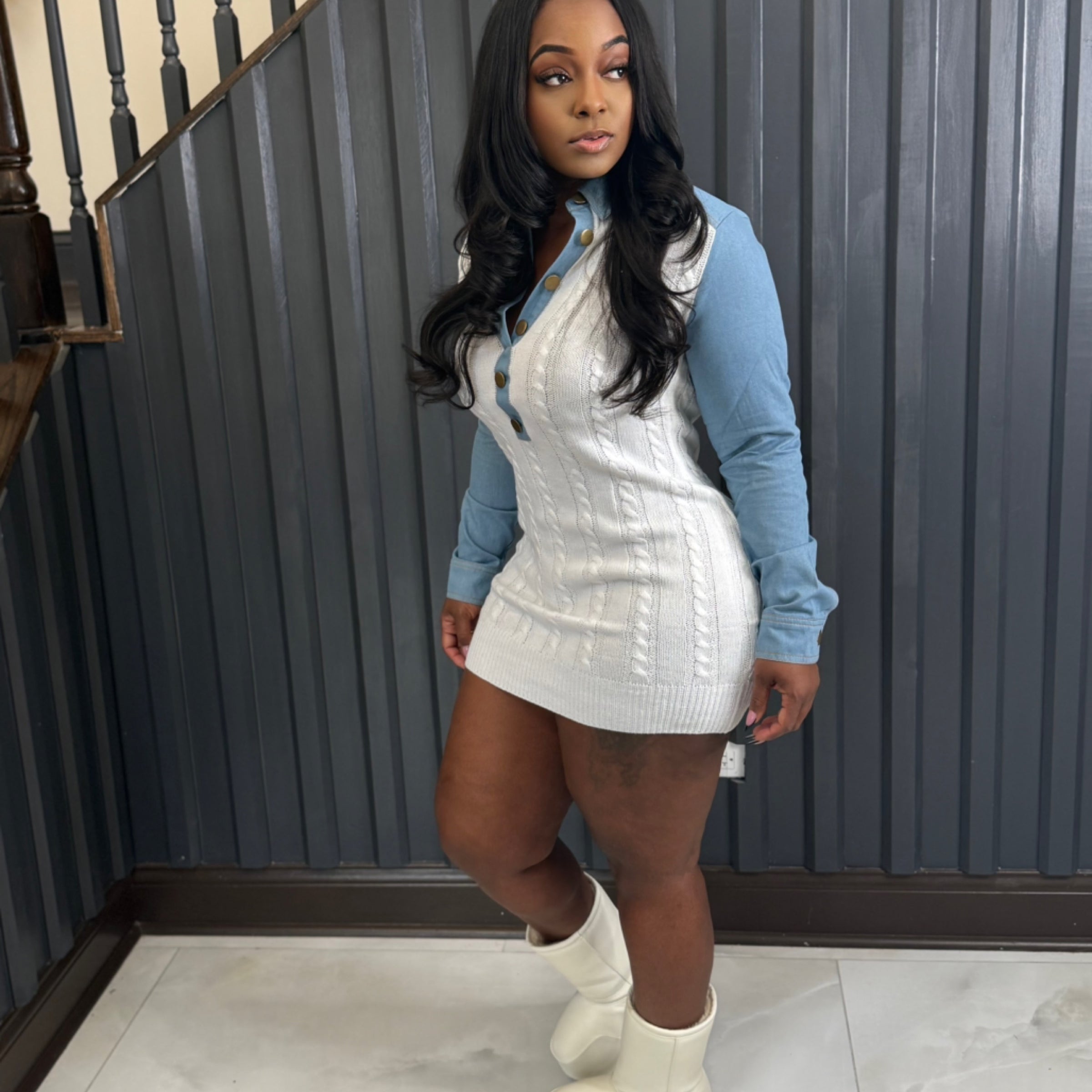 denim dress with sweater Color:Jade DK Shop Blue Adrianna Papell features_Arch Support Boots ribbed cuffs